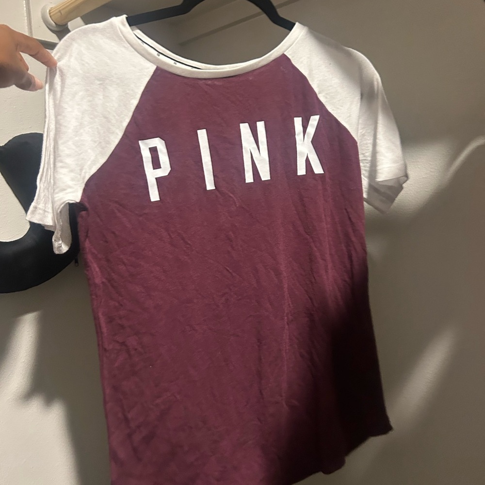 PINK Victoria's Secret Maroon and White Tee